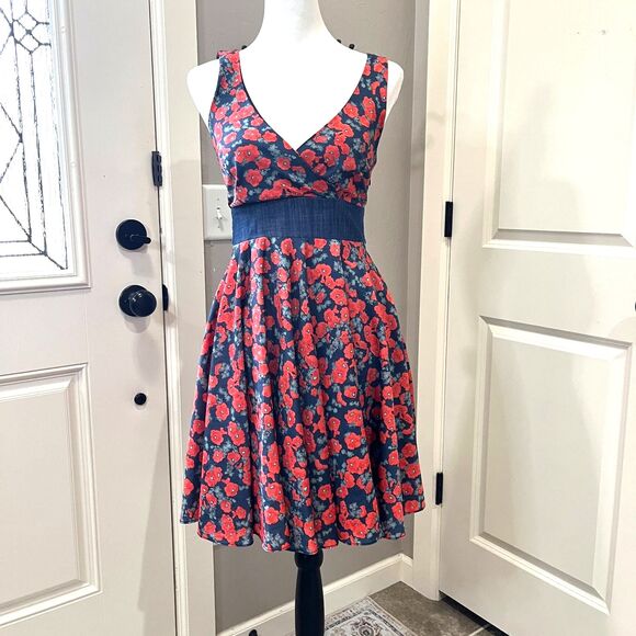 Coconinno Red Floral Fit & Flare Dress with Denim Waist Tie – Size XS - Picture 1 of 10